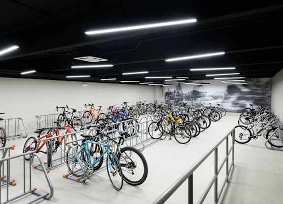 A bike rack full of bicycles in a bike room.