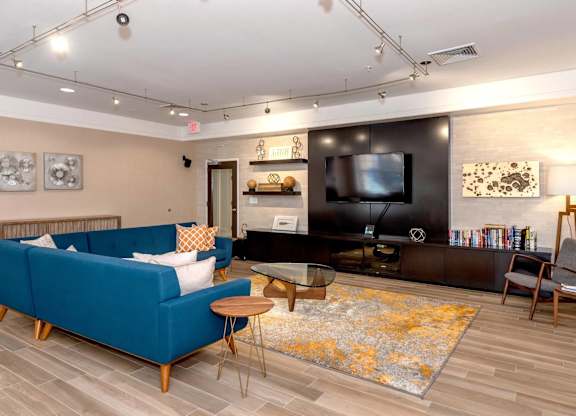 A living room with a blue couch and a television.