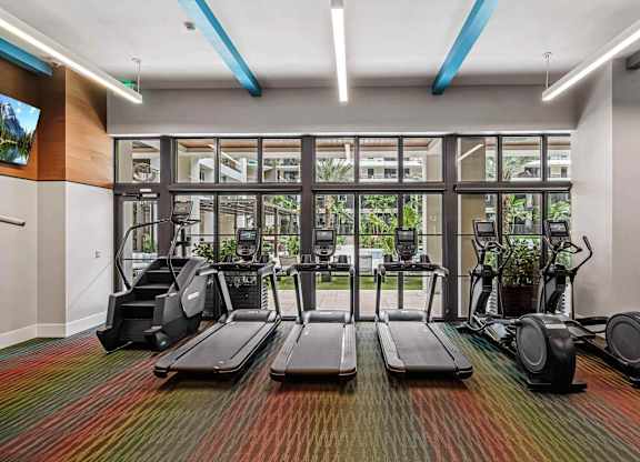 A gym with treadmills, elliptical machines, and exercise bikes.