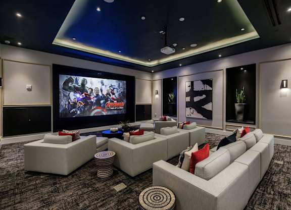A modern home theater with a large screen and comfortable seating.