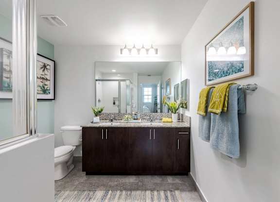 A bathroom with a white toilet and a brown vanity.