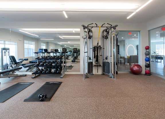 A gym with a variety of equipment including treadmills, weights, and exercise balls.