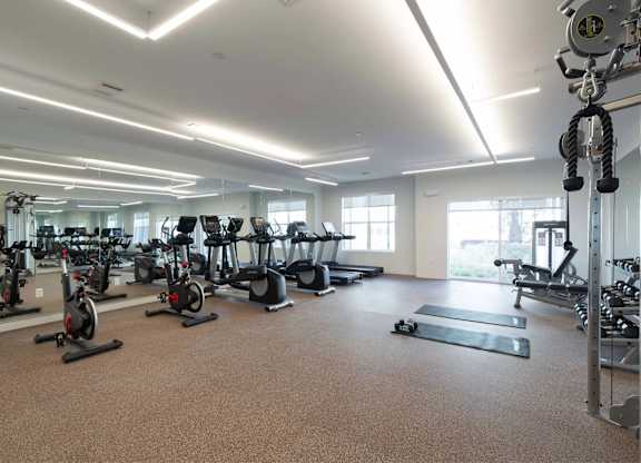 A gym with a variety of exercise equipment including treadmills, stationary bikes, and weight machines.