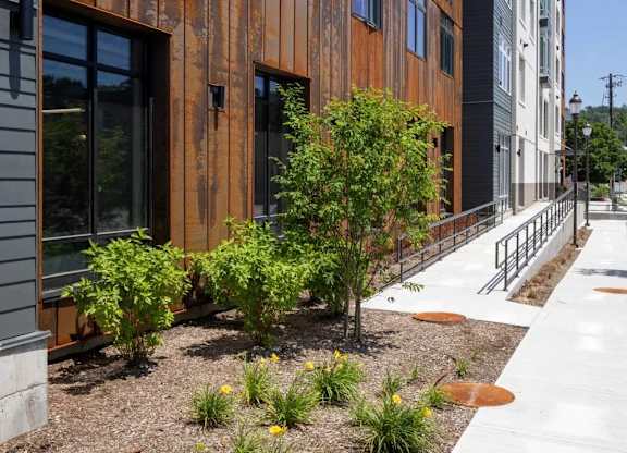 A modern building with a wooden facade and a small garden in front.