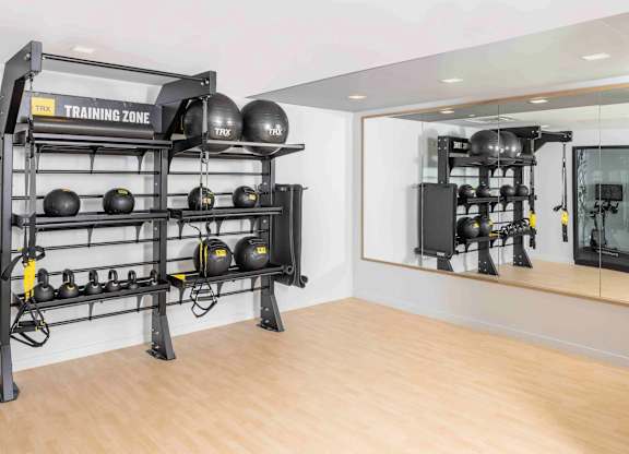 A gym with a training zone sign and a mirrored wall.
