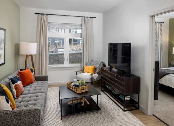A living room with a grey couch, a black coffee table, and a television.