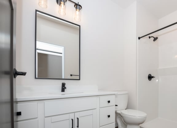 a bathroom with a sink and a mirror and a toilet at The Crossings  at Windsong, Arizona