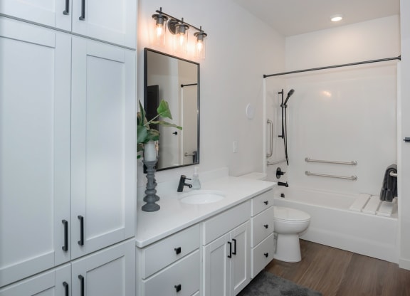a bathroom with white cabinets and a white toilet and a sink and a bath tub at The Crossings  at Windsong, Arizona
