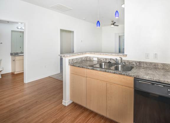 A kitchen with a granite countertop and wooden cabinets.