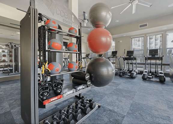 A gym with a variety of equipment including dumbbells, kettlebells, and weight plates.