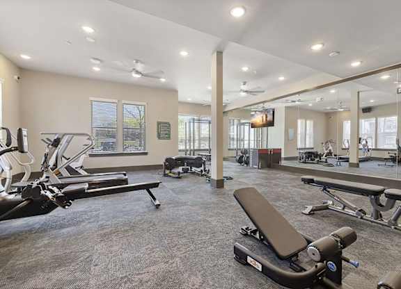 A spacious gym with a variety of equipment including treadmills, weight benches, and a television.