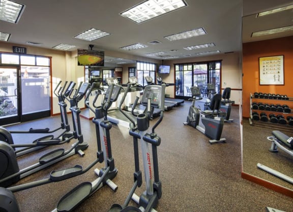 Goleta, CA, Apartments Near Albertsons - Willow Springs - Fitness Center with Elliptical Machines, Treadmills, Stationary Bikes, Free Weights, TVs, and Mirrored Walls