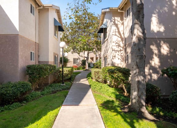 the walkway between the buildings at the apartments for rent