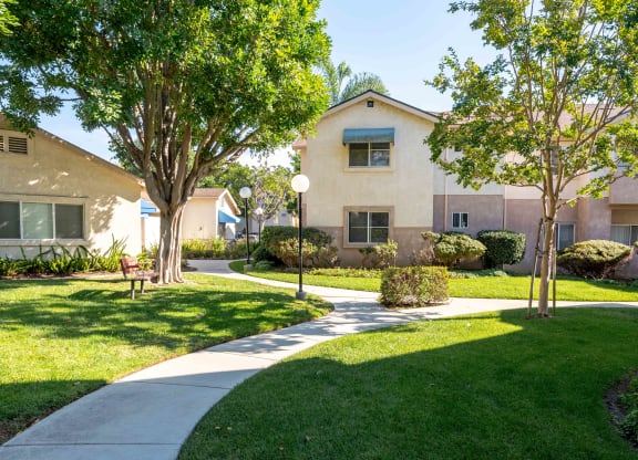 a sidewalk in front of a house with trees