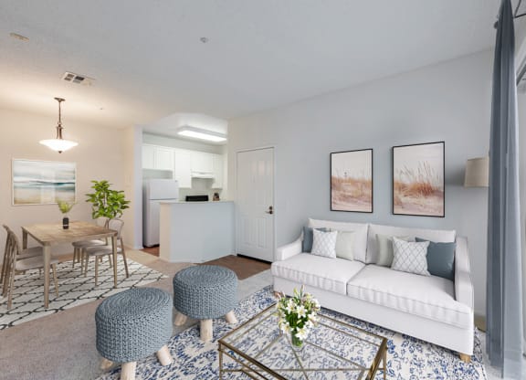 Ventura, CA Senior Living - Cypress Meadows - Living Room with Carpeting, Open Floor Plan, and Patio Access