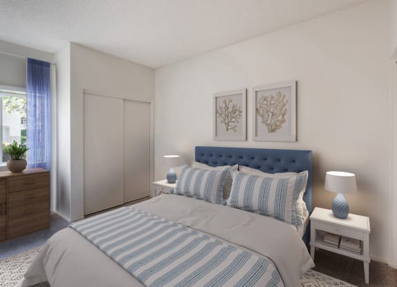 One-Bedroom Apartments in Ventura, CA - Cypress Meadows - Bedroom with Sliding Closet Doors and Nightstands