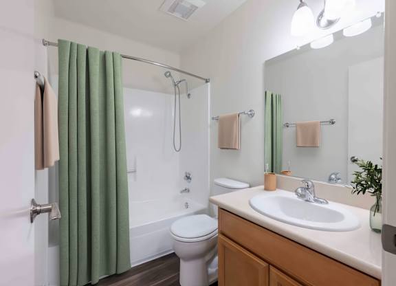 A bathroom with a toilet, sink, and shower.