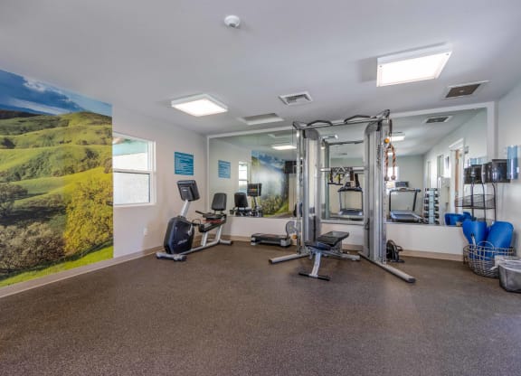 1-BR Apartments In Orcutt, CA - Knollwood Meadows - Fitness Center Equipped With A Cardio Machine, Strength Training Machine, Yoga Mats, Workout Bench, And Full-Body Mirror
