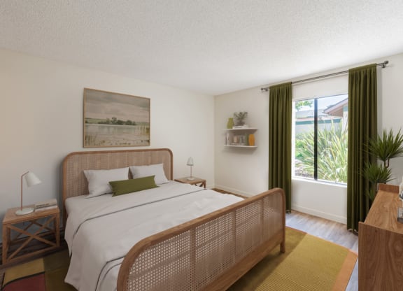 Apartments Near Target - Knollwood Meadows - Spacious Bedroom With Plank Flooring, Area Rug, Bed, Nightstands with Lamps, Dresser, Wall Art, Shelf with Decors, House Plant, and Window with Curtains