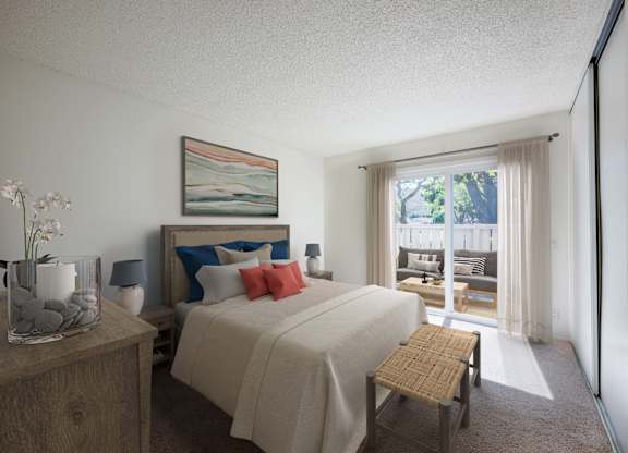 A bedroom with a bed, nightstand, and a painting on the wall.