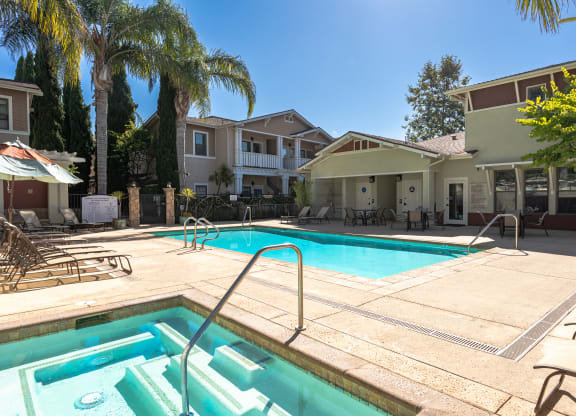 Apartments Near The Collection Oxnard - Ventura, CA - Ralston Courtyards - Swimming Pool with Hot Tub - Lounge Chairs