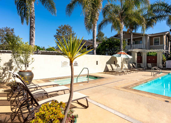 a swimming pool with chairs and palm trees in front of a house