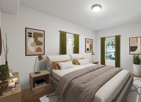 Apartments For Rent In Ventura, CA - Ralston Courtyards - Bedroom With Plush Carpeting, Large Bed, Nightstands With Lamps, Dresser, And Windows.