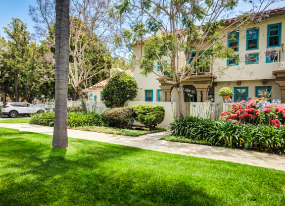 a yard with green grass and a sidewalk in front of a building