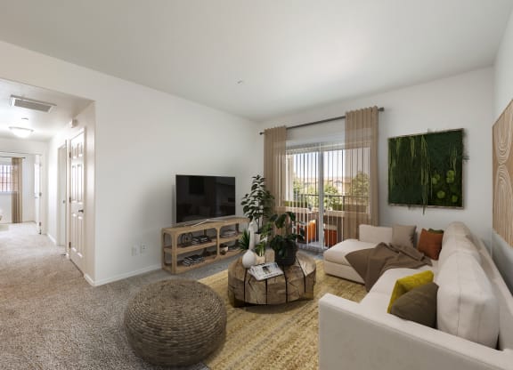 Santa Maria, CA, Apartments Near Trader Joes - Siena - Living Room with Carpeted Floor, Sectional Couch, Ottoman, Coffee Table, TV, and Sliding Glass Door with Vertical Blinds and Access to Patio