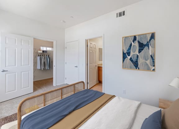 a bedroom with a bed and a closet