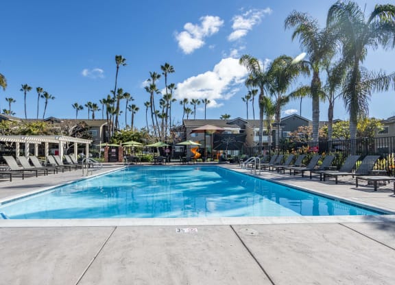 Apartments for Rent in Goleta, CA - Sumida Gardens - Pool with Spacious Sundeck, Lounge Seats, Umbrella Tables with Chairs, Pergola, and Palm Trees.