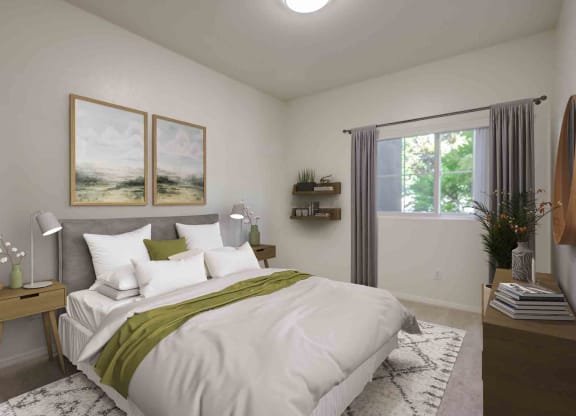 a bedroom with a large bed and a window