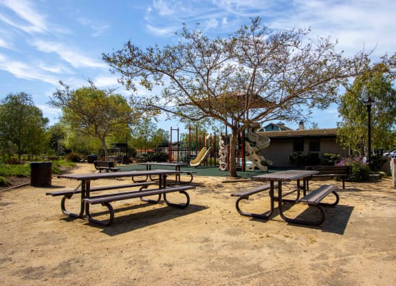 a picnic area with benches and a playground in a park