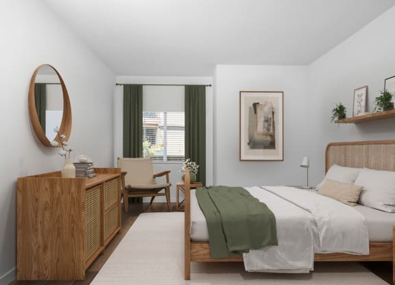 a bedroom with a bed and a dresser and a window