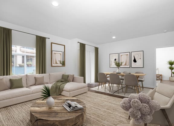 One-Bedroom Apartments in Goleta, CA - Willow Springs - Living Room with Wood-Style Flooring, Area Rug, Sectional Couch, Armchair, Coffee Table, Large Window with Curtains, and View of Dining Area