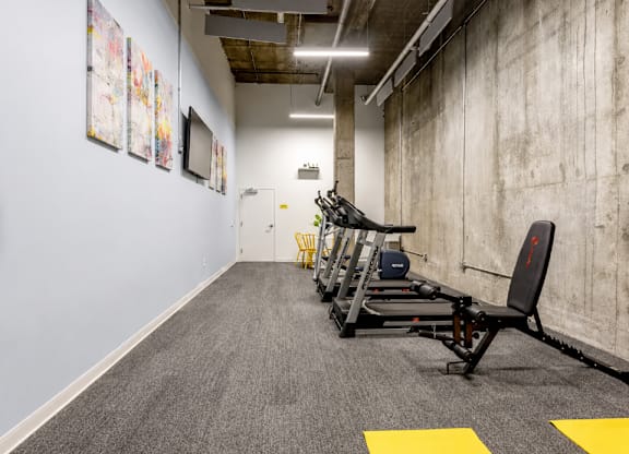 A gym with a row of treadmills and exercise equipment.