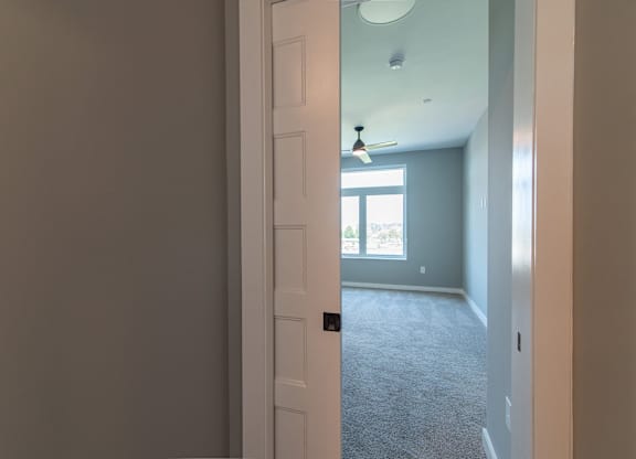 A room with a carpeted floor and a ceiling fan.