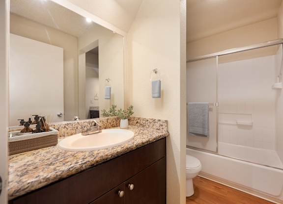 Bathroom with sink and shower with sliding shower doors at Fountains of Fair Oaks, California