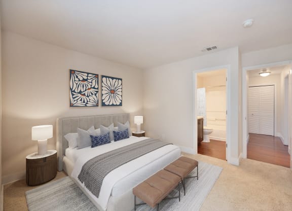 a master bedroom with a large bed and a bathroom at Folsom Ranch, Folsom, 95630