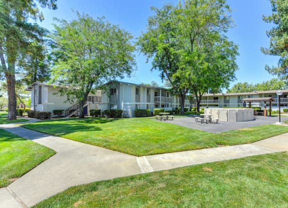 Exterior of the building with large green lawns, walk ways and Trees at Renaissance Park Apartments, Davis, CA, 95618