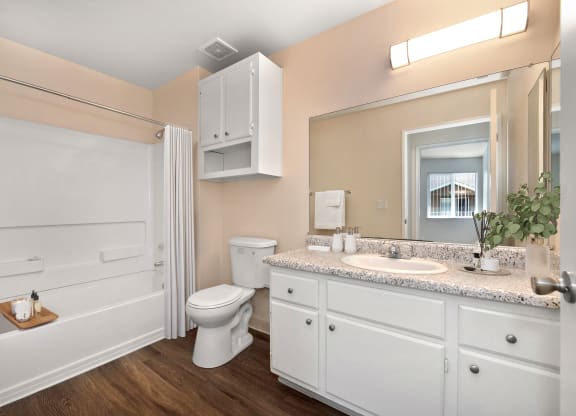 a bathroom with white cabinets and a toilet and a sink