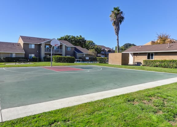 a basketball court in a neighborhood with houses