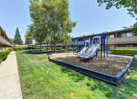 Community Outdoor Playground with Slides, Woodchip Floor and Grass  at Olympus Park Apartments, Roseville, CA, 95661