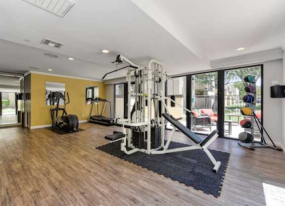 A well-equipped home gym with a variety of exercise machines.