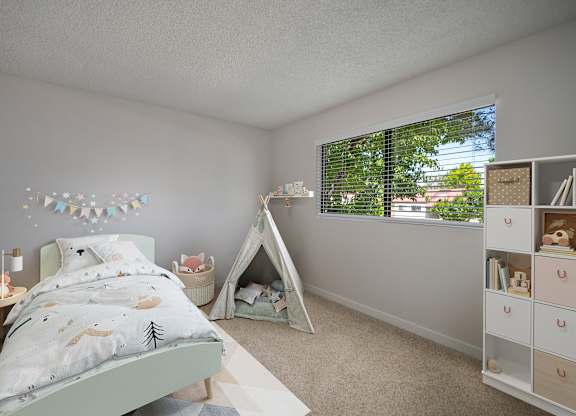 A child's bedroom with a bed, a teepee, and a shelf with toys.
