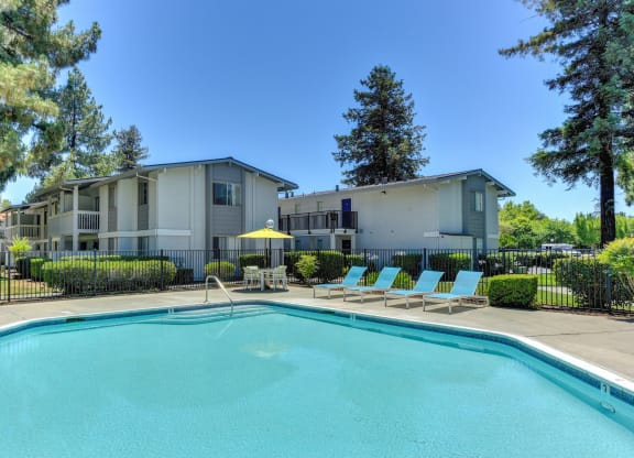 Swimming pool with lounge chairs.  Property buildings in the background and trees. at Renaissance Park Apartments, California