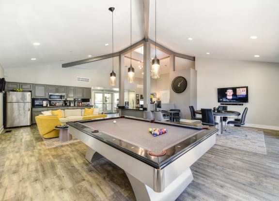 a resident clubhouse with a pool table and a flat screen tv at Renaissance Park Apartments, Davis ,36305