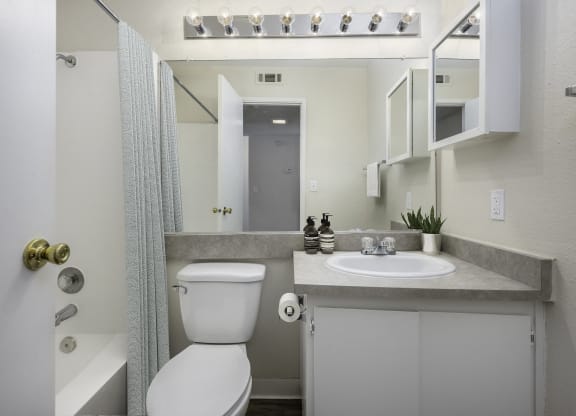 a bathroom with a sink toilet and a mirror at Renaissance Park Apartments, California