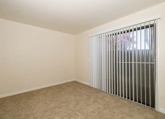 A room with a carpeted floor and a window with vertical blinds.