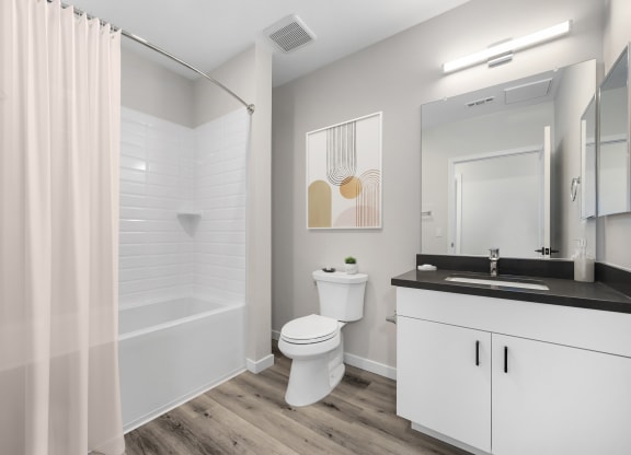 A bathroom with a toilet sink and bathtub in a D floor plan